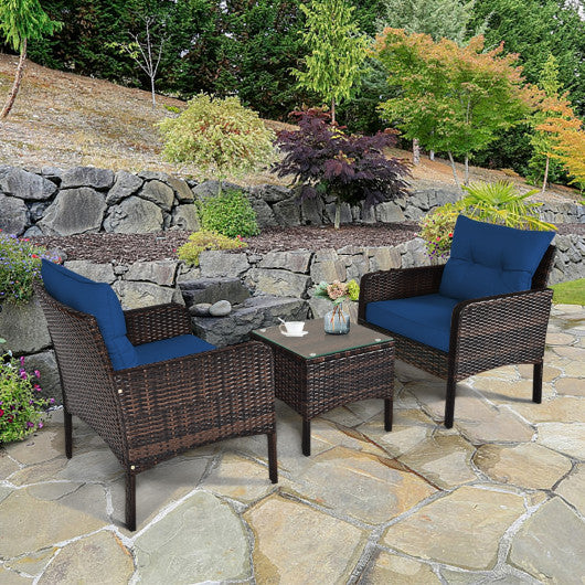 3 Pieces Outdoor Patio Rattan Conversation Set with Seat Cushions-Navy