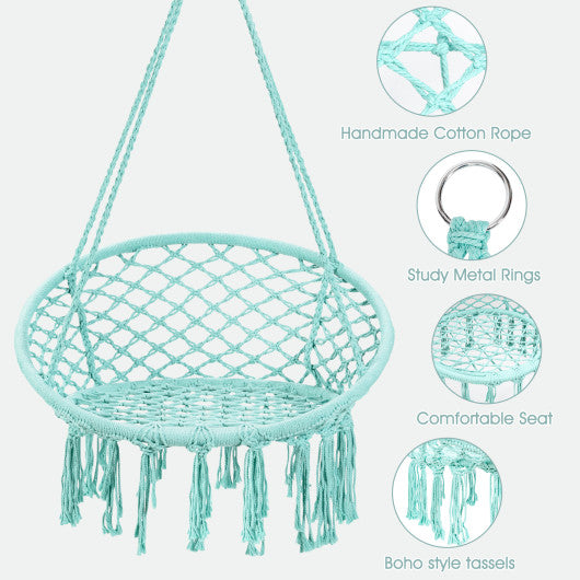 Hanging Macrame Hammock Chair with Handwoven Cotton Backrest-Turquoise