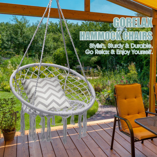 Hanging Macrame Hammock Chair with Handwoven Cotton Backrest-White