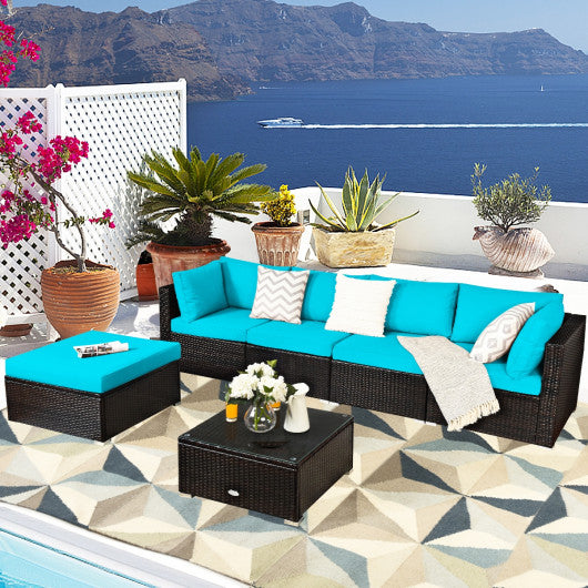 6 Pieces Outdoor Patio Rattan Furniture Set Sofa Ottoman-Turquoise