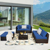 6 Pieces Outdoor Patio Rattan Sectional Sofa Set with Coffee Table-Blue