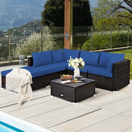 6 Pieces Outdoor Patio Rattan Sectional Sofa Set with Coffee Table-Blue