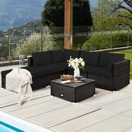 6 Pieces Outdoor Patio Rattan Sectional Sofa Set with Coffee Table-Black