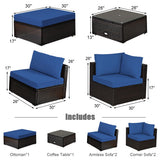 6 Pieces Outdoor Patio Rattan Sectional Sofa Set with Coffee Table-Blue