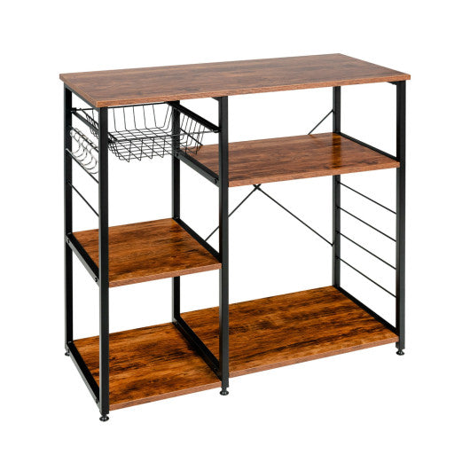 Industrial Kitchen Baker's Rack Microwave Shelf with 6 Hooks-Brown