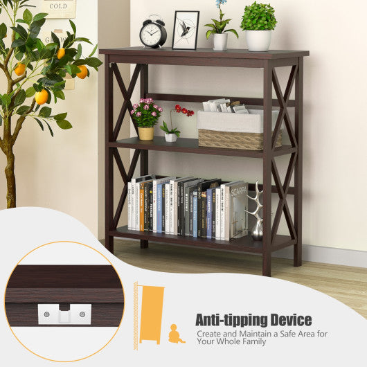 3-Tier Wooden Multi-Functional X-Design Etagere Storage Bookshelf-Dark Brown