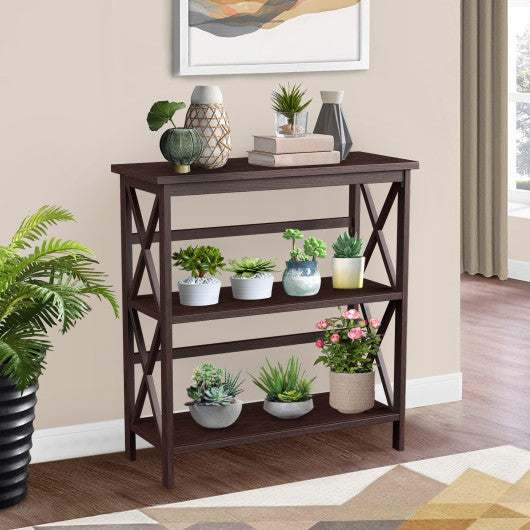 3-Tier Wooden Multi-Functional X-Design Etagere Storage Bookshelf-Dark Brown