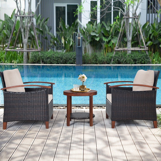 3 Pieces Patio Rattan Furniture Set with Washable Cushion and Acacia Wood Tabletop-Beige