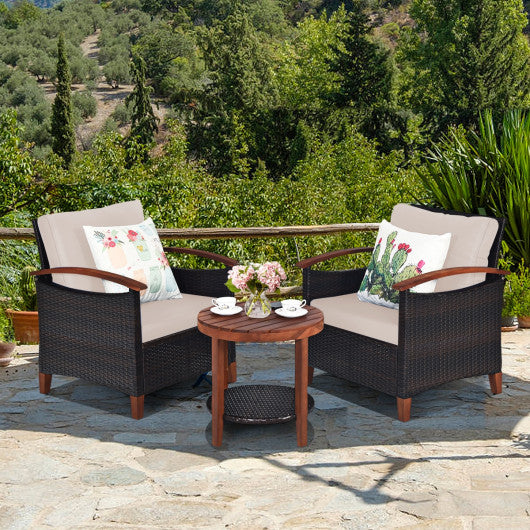 3 Pieces Patio Rattan Furniture Set with Washable Cushion and Acacia Wood Tabletop-Beige