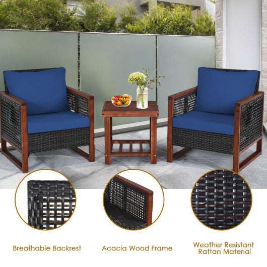 3 Pieces Patio Wicker Furniture Set with Acacia Wood Coffee Table and Washable Cushion-Navy