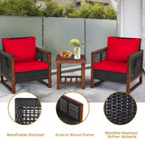 3 Pieces Acacia Wood Patio Furniture Set with Coffee Table-Red