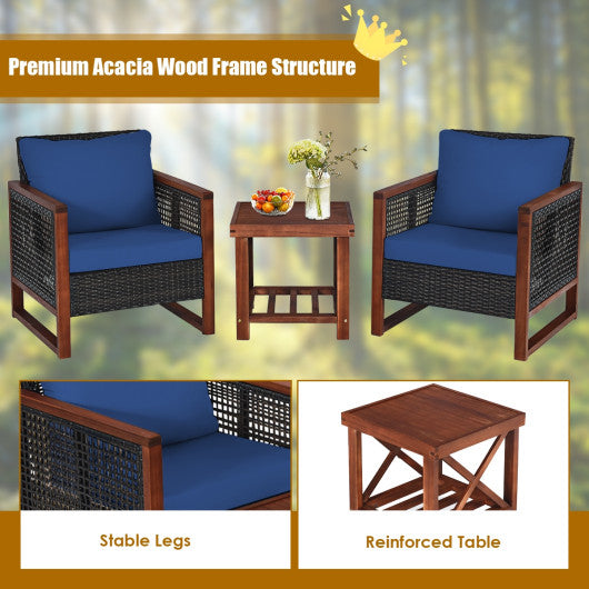 3 Pieces Patio Wicker Furniture Set with Acacia Wood Coffee Table and Washable Cushion-Navy