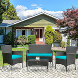 4 Pcs Patio Rattan Cushioned Sofa Furniture Set with Tempered Glass Coffee Table-Turquoise