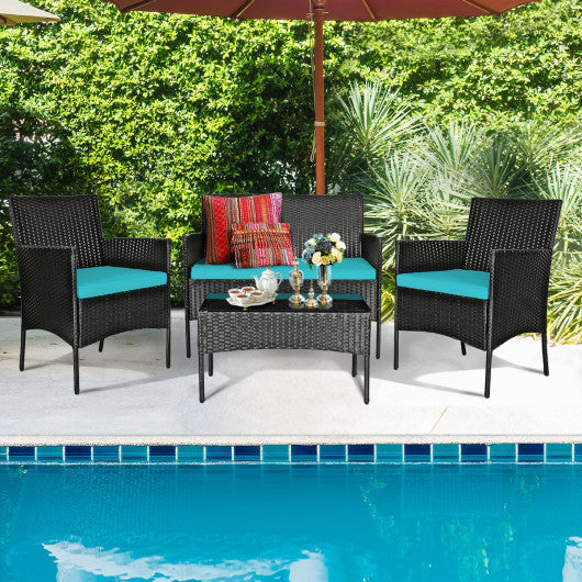 4 Pcs Patio Rattan Cushioned Sofa Furniture Set with Tempered Glass Coffee Table-Turquoise