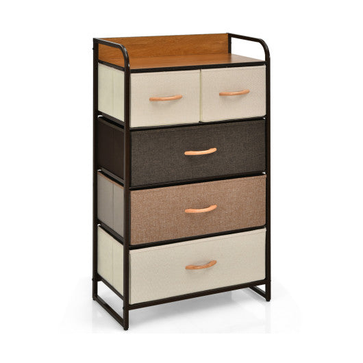 4-Tier Organizer Tower Steel Frame Wooden Top Storage with 5-Drawer Dresser-Muticolor