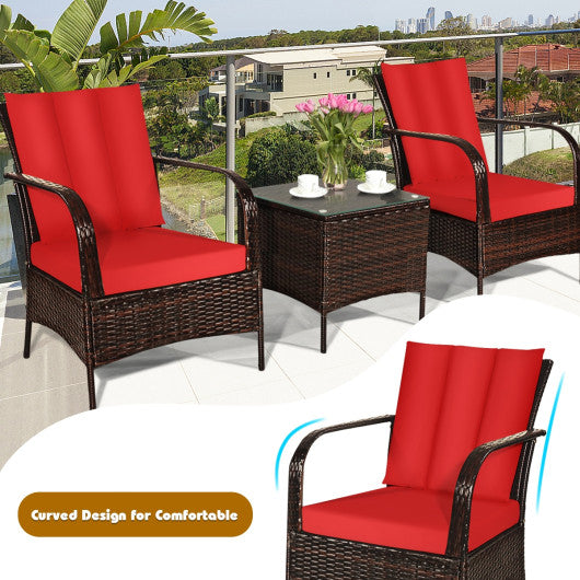 3 Pcs Patio Conversation Rattan Furniture Set with Glass Top Coffee Table and Cushions-Red