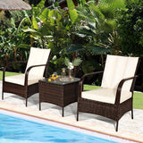 3 Pcs Patio Conversation Rattan Furniture Set with Glass Top Coffee Table and Cushions-White