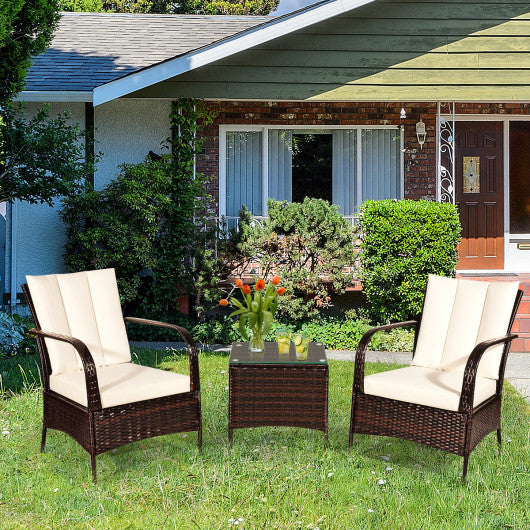 3 Pcs Patio Conversation Rattan Furniture Set with Glass Top Coffee Table and Cushions-White