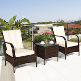 3 Pcs Patio Conversation Rattan Furniture Set with Glass Top Coffee Table and Cushions-White