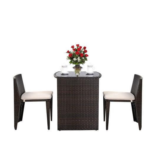 3 Pieces Cushioned Wicker Patio Bistro Set with No Assembly Needed