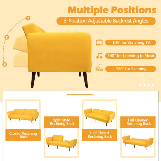 Convertible Futon Sofa Bed Adjustable Couch Sleeper with Wood Legs-Yellow
