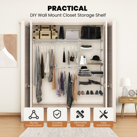 Adjustable Closet Organizer Kit with Shelves and Hanging Rods for 4 to 6 Feet-Gray