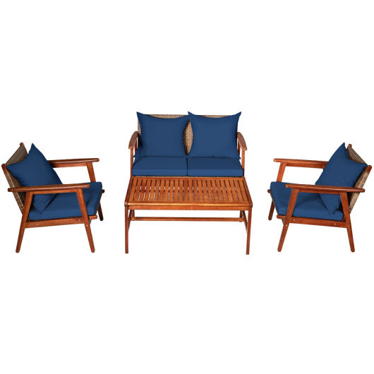 4 Piece  Acacia Wood Patio Rattan Furniture Set-Navy