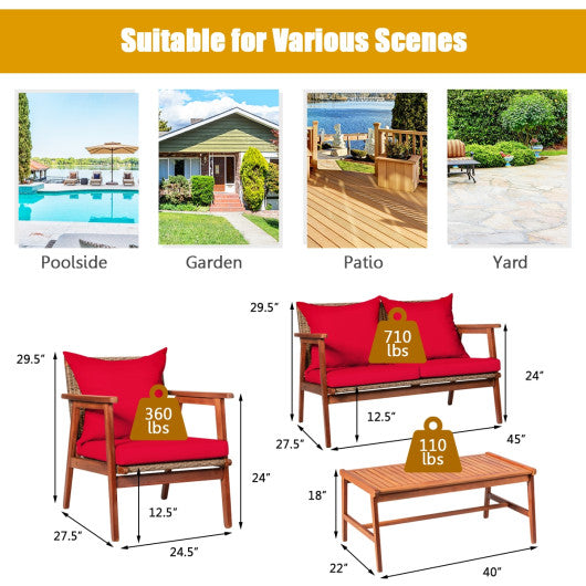 4 Piece  Acacia Wood Patio Rattan Furniture Set-Red