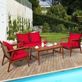 4 Piece  Acacia Wood Patio Rattan Furniture Set-Red