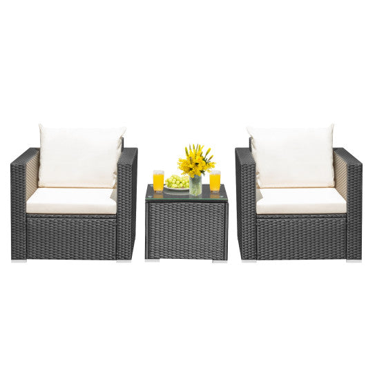 3 Pieces Patio Wicker Conversation Set with Cushion-White