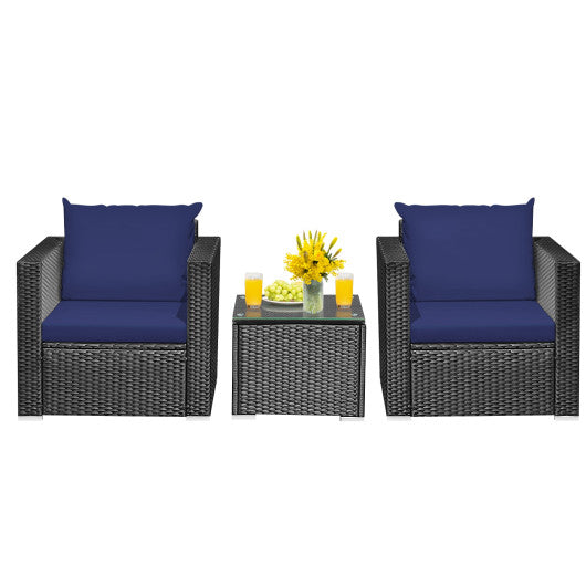 3 Pieces Patio Wicker Conversation Set with Cushion-Navy