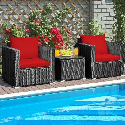 3 Pieces Patio Wicker Conversation Set with Cushion-Red