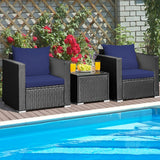 3 Pieces Patio Wicker Conversation Set with Cushion-Navy