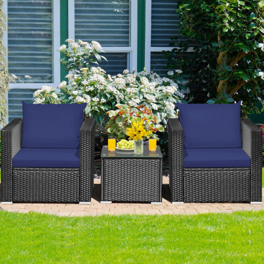 3 Pieces Patio Wicker Conversation Set with Cushion-Navy