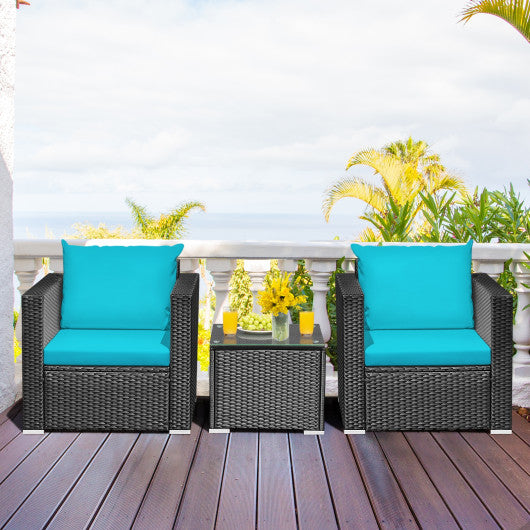 3 Pieces Patio Wicker Conversation Set with Cushion-Turquoise