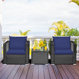 3 Pieces Patio Wicker Conversation Set with Cushion-Navy