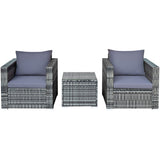 3 Pcs Patio Rattan Furniture Bistro Sofa Set with Cushioned-Gray