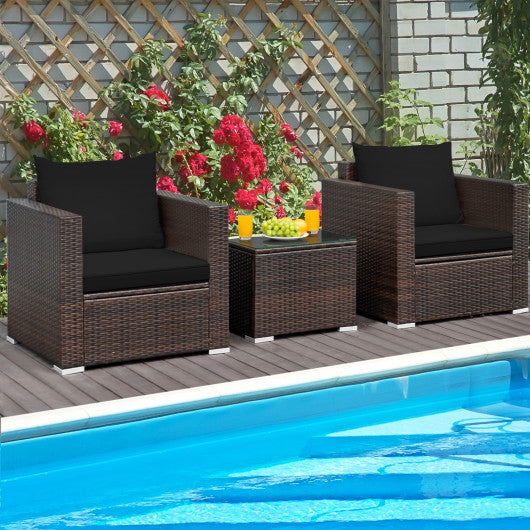 3 Pcs Patio Conversation Rattan Furniture Set with Cushion-Black