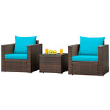 3 Pcs Patio Conversation Rattan Furniture Set with Cushion-Turquoise