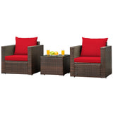 3 Pcs Patio Conversation Rattan Furniture Set with Cushion-Red