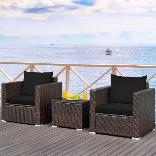 3 Pcs Patio Conversation Rattan Furniture Set with Cushion-Black