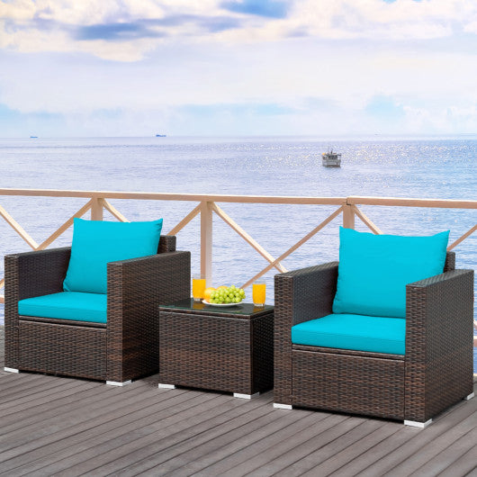 3 Pcs Patio Conversation Rattan Furniture Set with Cushion-Turquoise