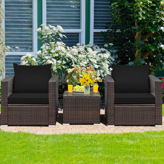 3 Pcs Patio Conversation Rattan Furniture Set with Cushion-Black