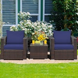 3 Pcs Patio Conversation Rattan Furniture Set with Cushion-Blue