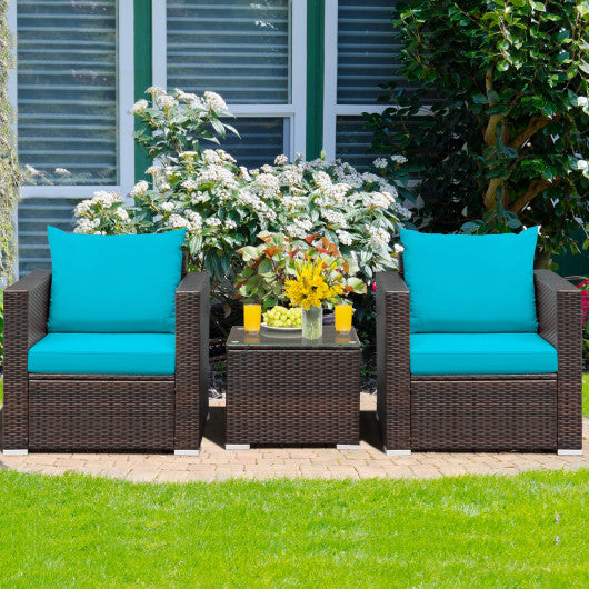 3 Pcs Patio Conversation Rattan Furniture Set with Cushion-Turquoise