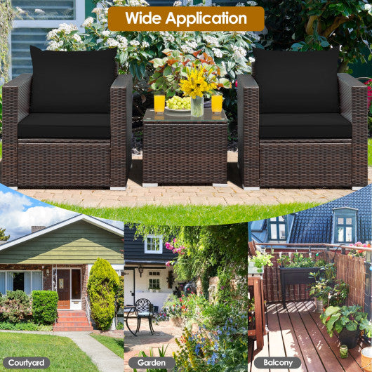 3 Pcs Patio Conversation Rattan Furniture Set with Cushion-Black