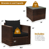 3 Pcs Patio Conversation Rattan Furniture Set with Cushion-Black