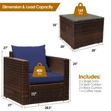 3 Pcs Patio Conversation Rattan Furniture Set with Cushion-Blue