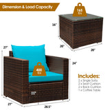 3 Pcs Patio Conversation Rattan Furniture Set with Cushion-Turquoise