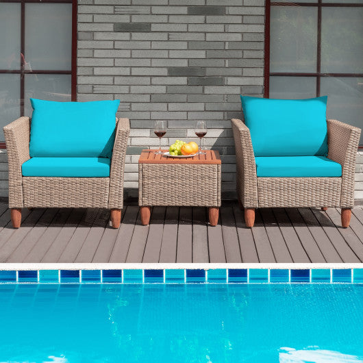 3 Pieces Patio Rattan Furniture Set with Washable Cushion for Yard Porch-Turquoise